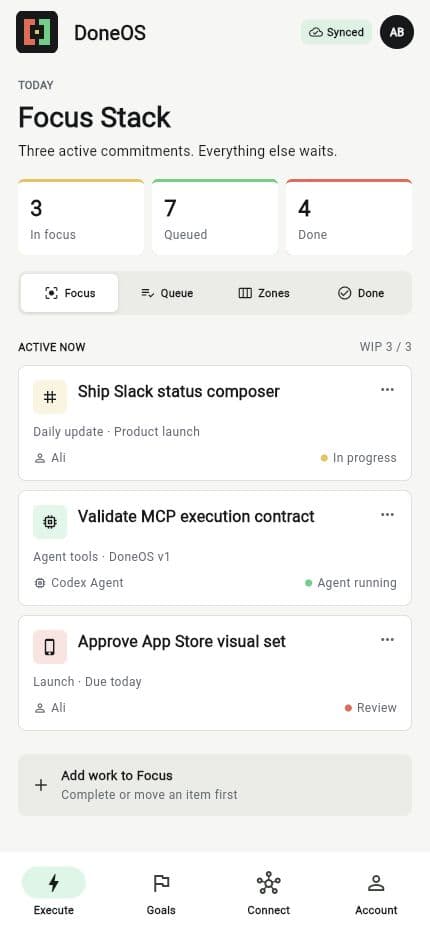DoneOS Focus Stack showing human and AI agent work