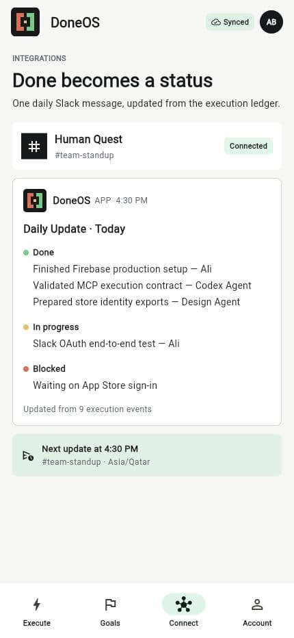 DoneOS daily Slack status with done, active, and blocked work